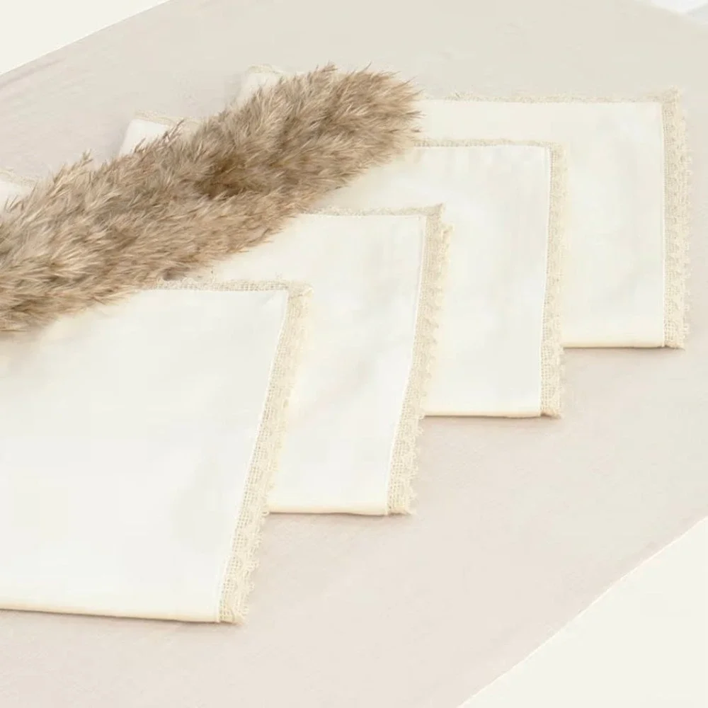 PurpleEssences Cream Cloth Napkins with Lace,‎ 18x18 Inch  sets of 4